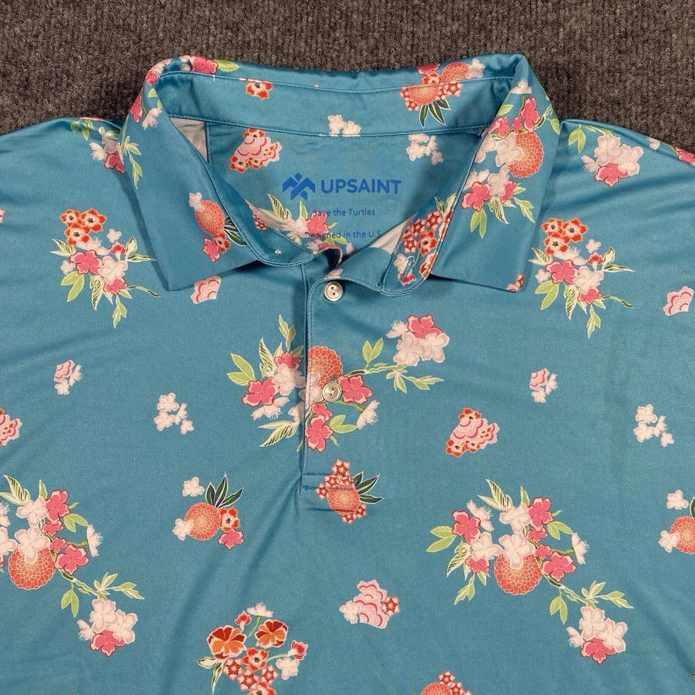 UPSAINT Mens XL Hawaiian Floral Print Polo Golf Shirt Save the Turtles Stretch